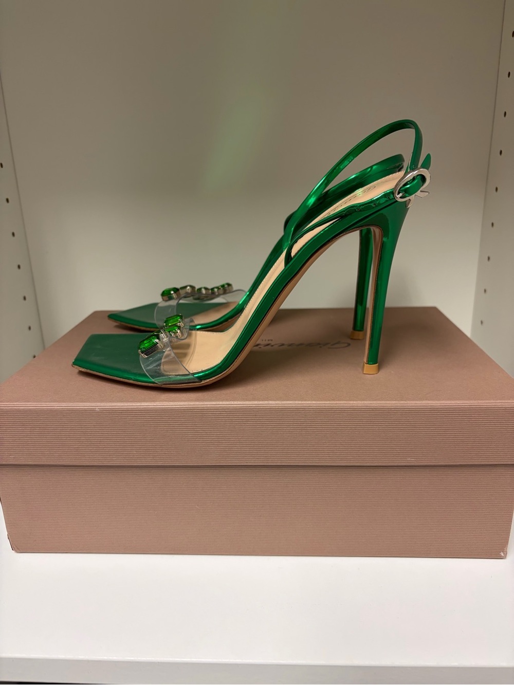 Gianvito Rossi Metallic Green Slingback Heels with Green Crystal Accents - Picture 6 of 8